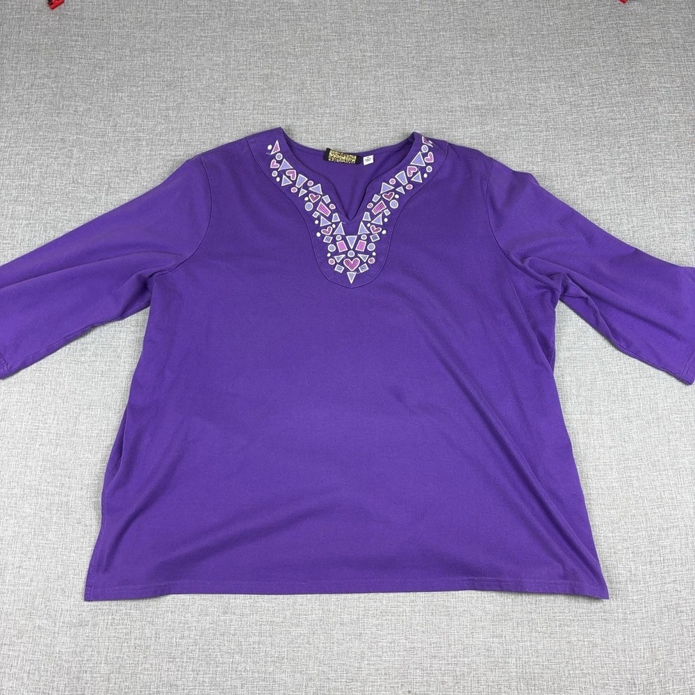 Bob Mackie T-Shirt Womens 2X Plus Purple V-Neck 3/4 Sleeve Embroidered Top